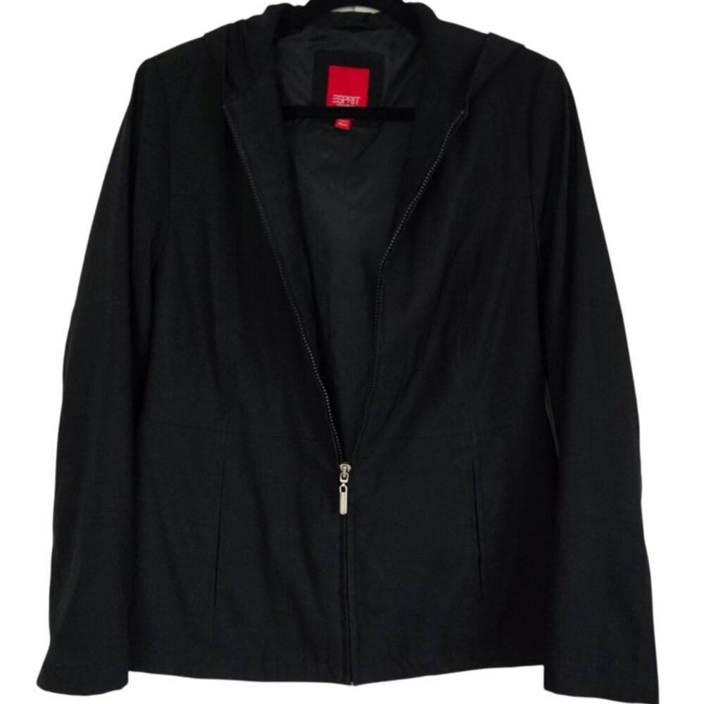 Esprit Women’s Black Hooded Lightweight Zip‑Up Jacket Vertical Pockets Size M